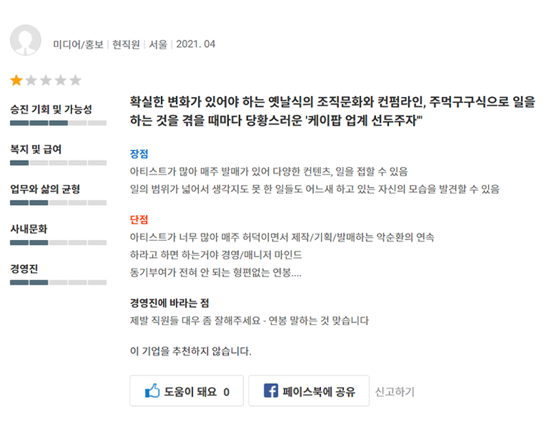 Saramin SM employee review in Korean