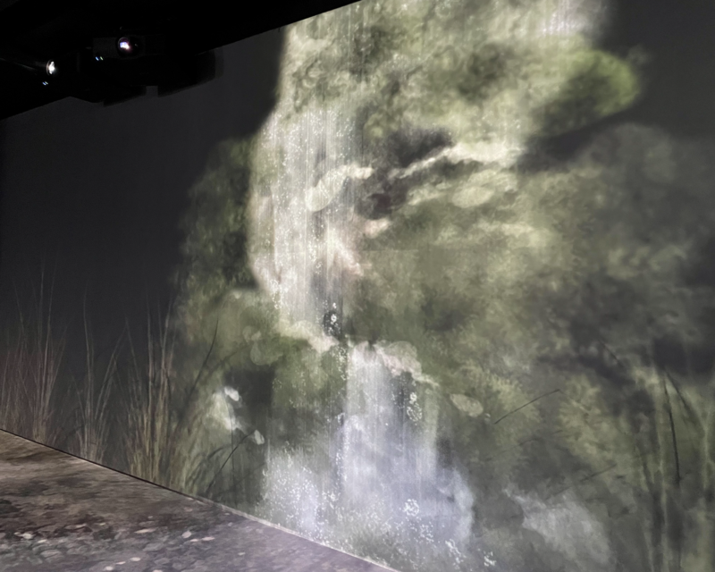 Neve e fiori che diventano polvere sospesi nell'aria nella zona Rilassati di Flowers By Naked.