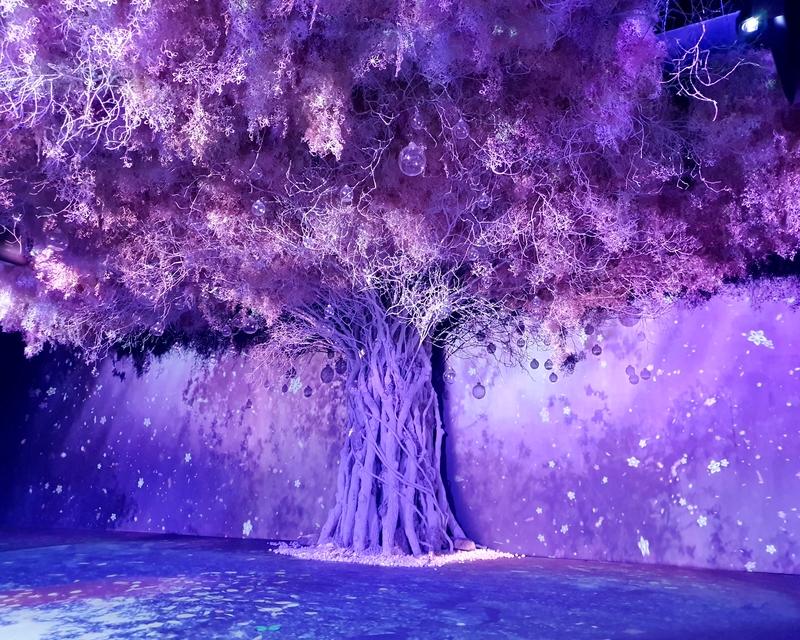 Giant pink cherry blossom tree exhibit at Flowers By Naked Hongdae
