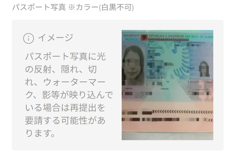 パスポート写真の例。光の反射や隠れ、切れがない撮影が必要であることを示すイメージ。