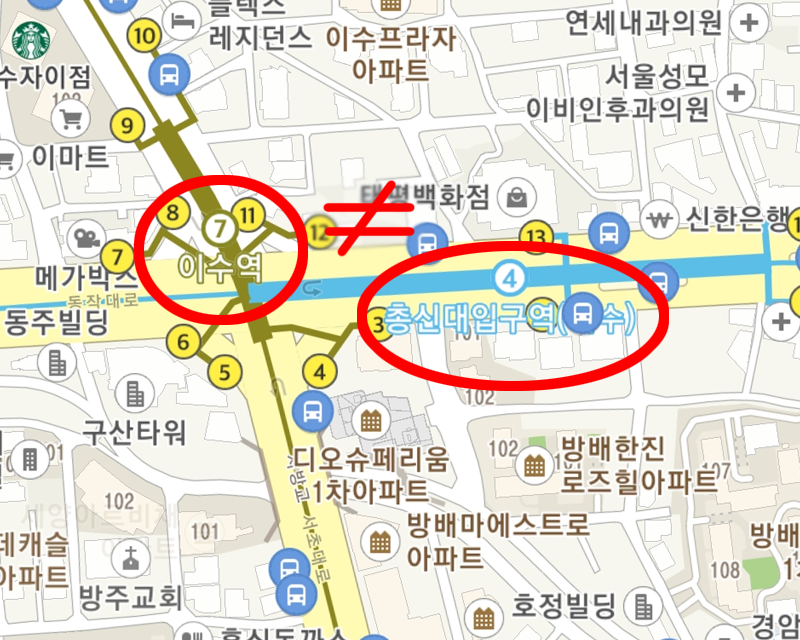 Korean screenshot of Map of Chongshin University Station (Isu)
