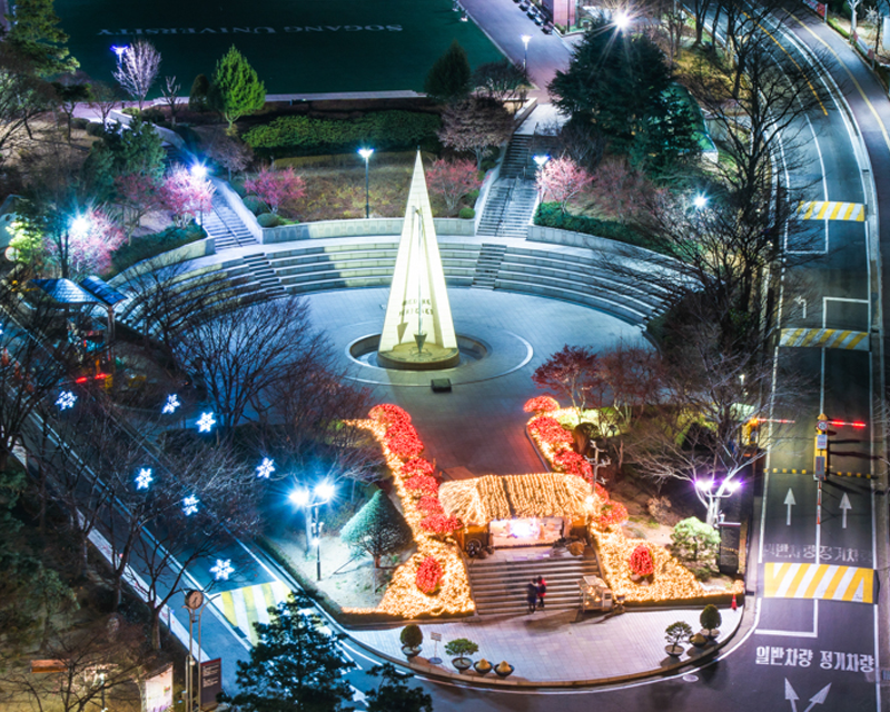 Sogang University at night with bright lights