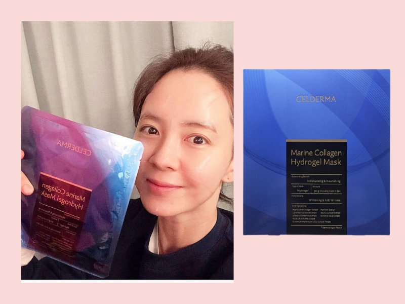 Celderma Marine Collagen Hydrogen Mask sử dụng bởi Song Ji Hyo, là mặt nạ hydrogel với collagen từ tảo biển giúp làm săn chắc da.