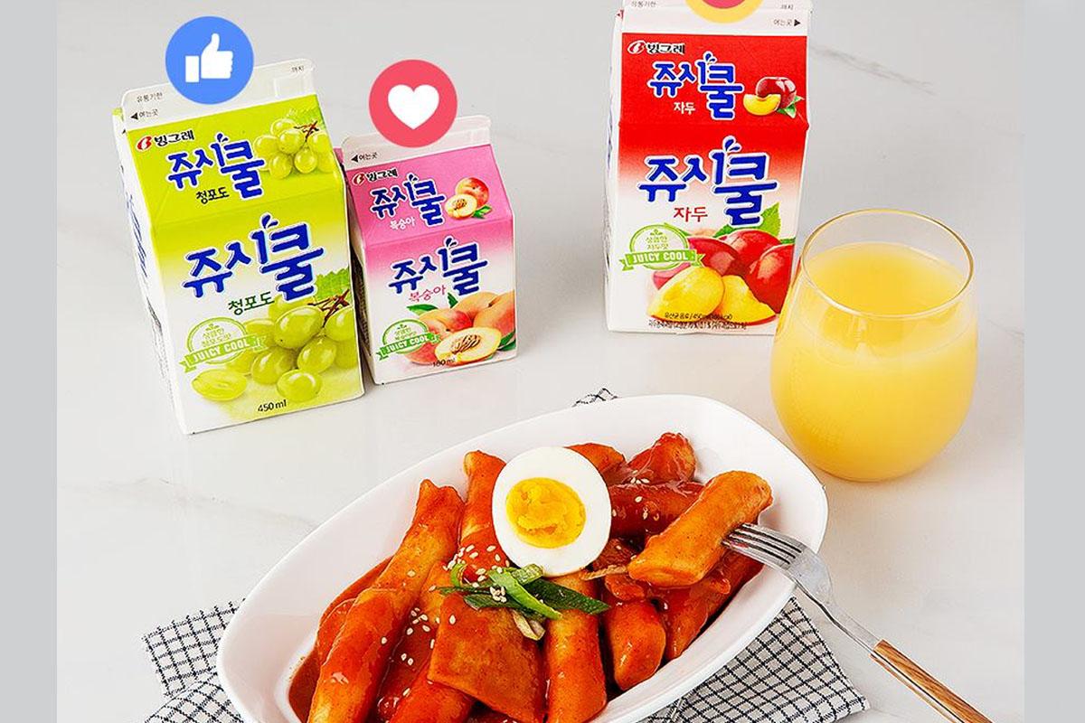 Nước Juicy cool được phục vụ cùng teokbokki, đây là cách giảm cay của người Hàn