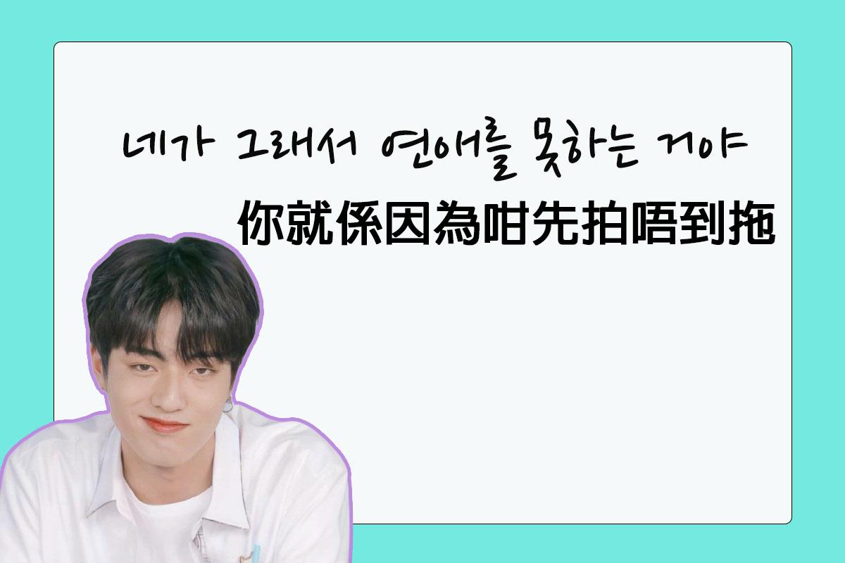 圖片展示了一句刺激粉絲的話，內容用韓文和中文寫著'你就係因為咁先拍唔到拖'，背景為綠色。