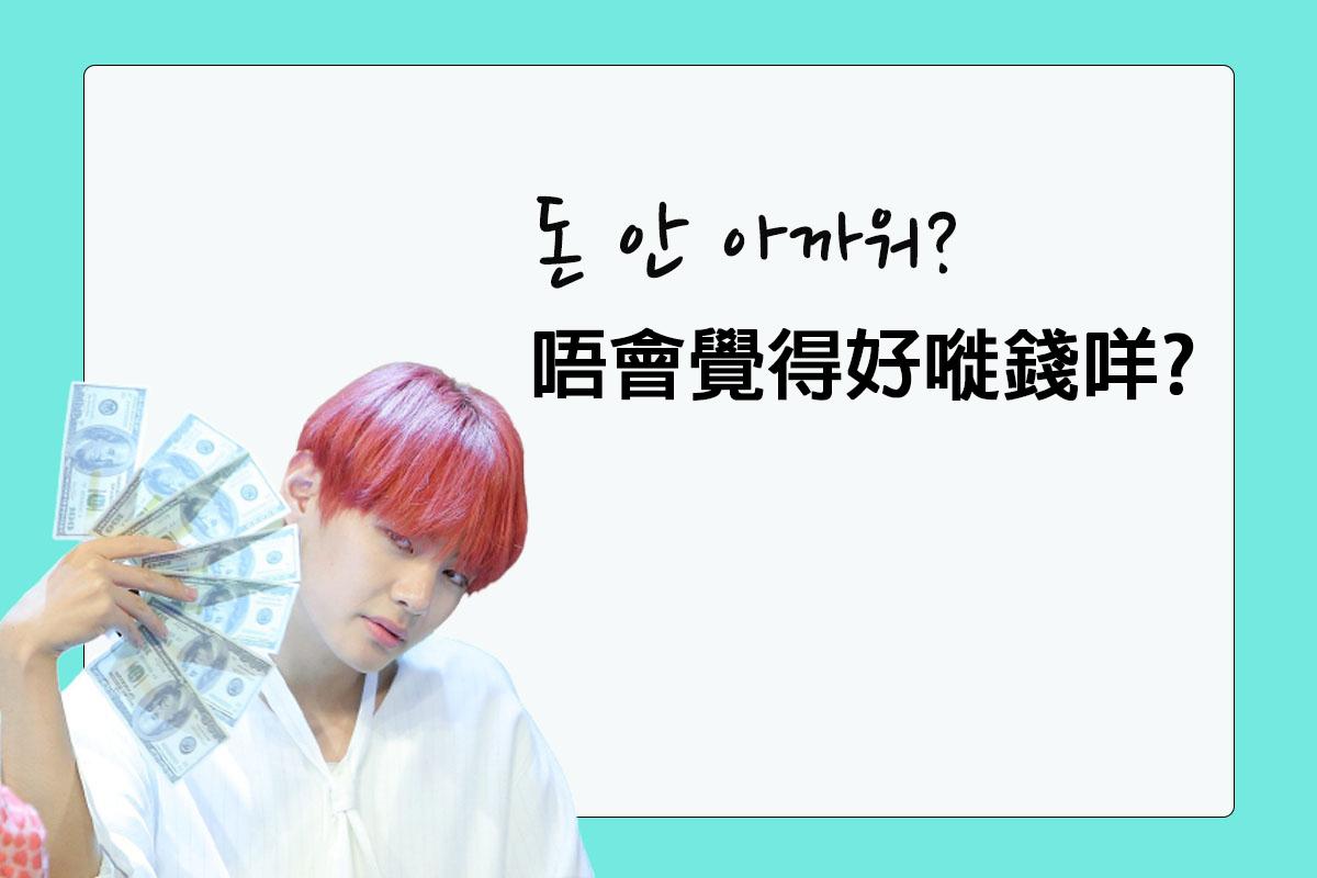 圖片展示了一句刺激粉絲的話，內容用韓文和中文寫著'唔覺得好嘥錢咩？'，背景為綠色。主角手持大量紙幣。