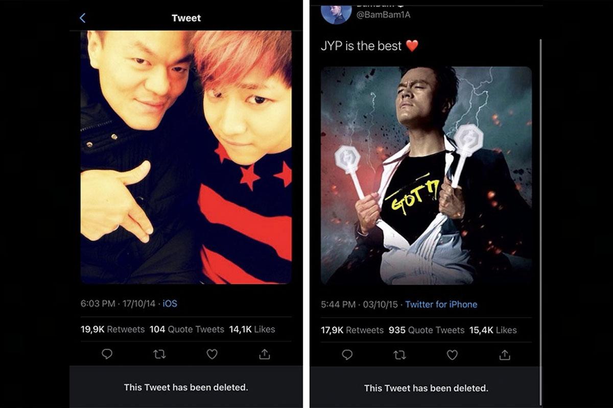 ทวีตของ BamBam ที่เกี่ยวข้องกับ JYP โดยมีการแก้ไขการโพสต์แล้ว