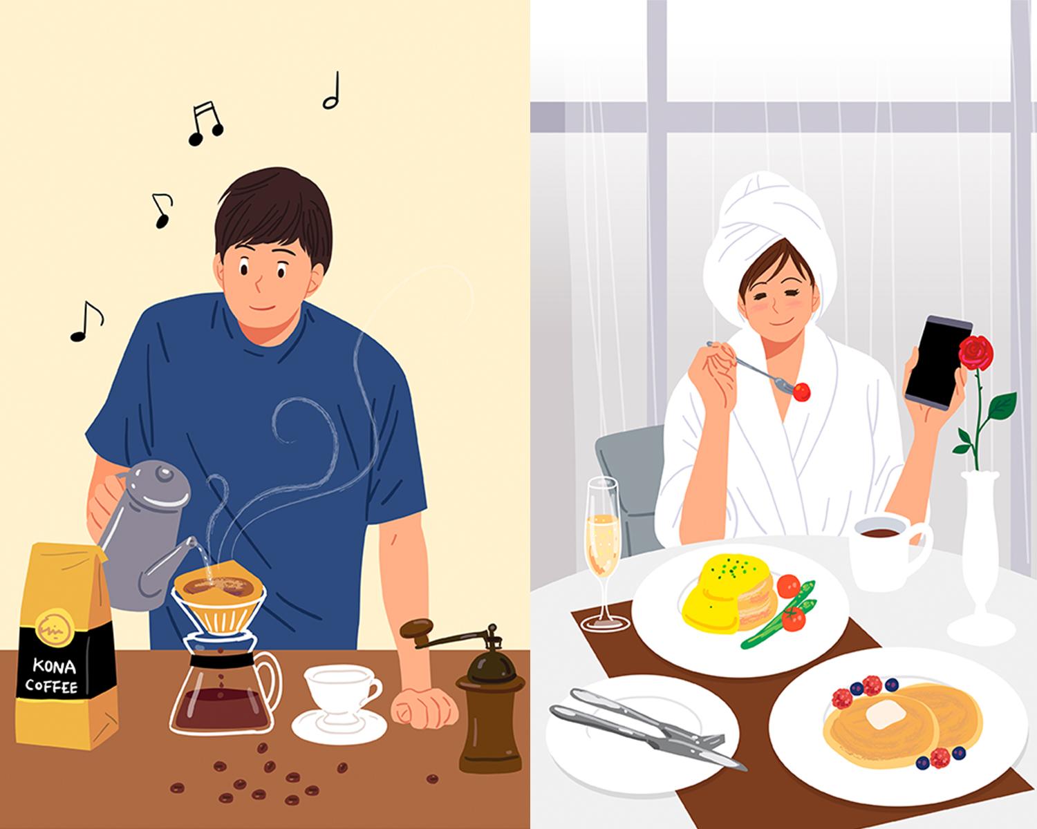 韓国の新造語、流行語 'ヒョㇽロ（횰로）'のイメージ。現在の幸せを優先する消費を表現。