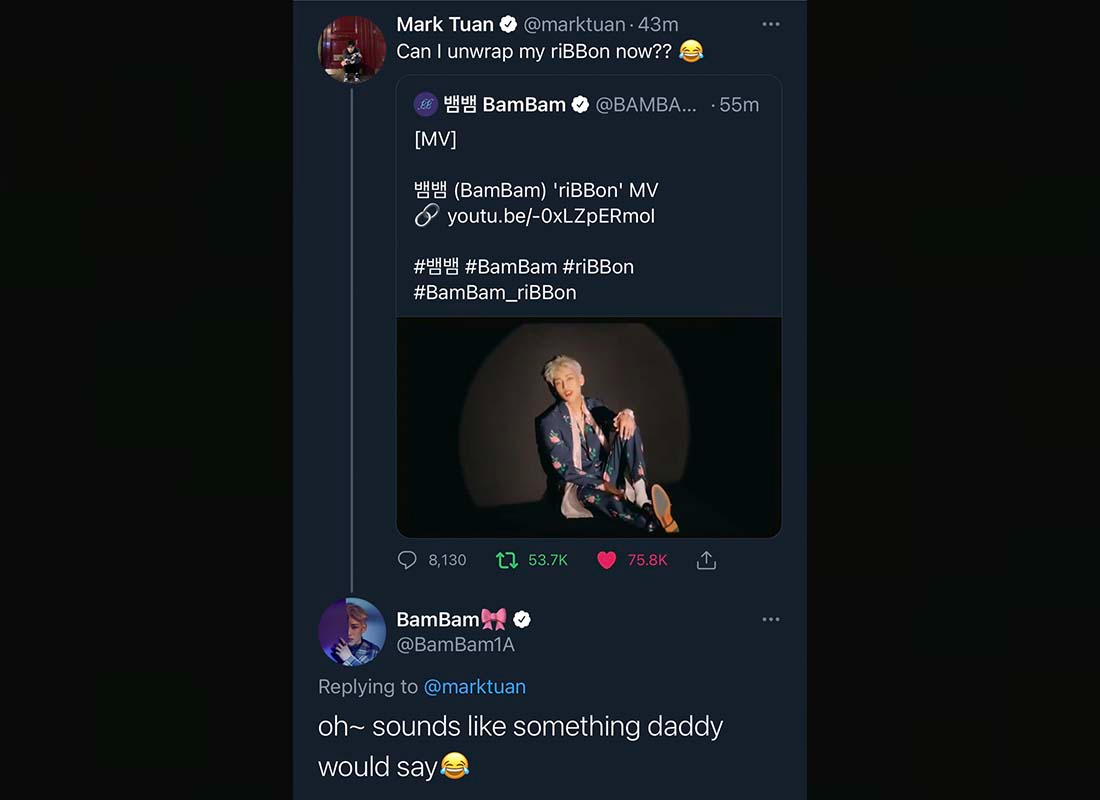 ทวิตเตอร์ข้อความของมาร์คพูดถึงเพลง 'riBBon' ของแบมแบมพร้อมแฮชแท็ค 'Daddy' ที่เป็นที่นิยม