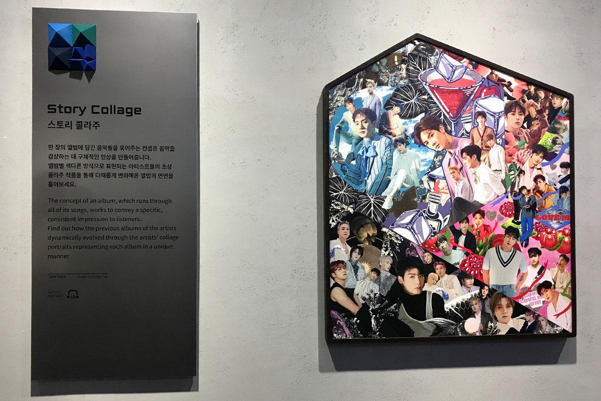 Informational board describing the area of exhibition that features collages of different Kpop artists