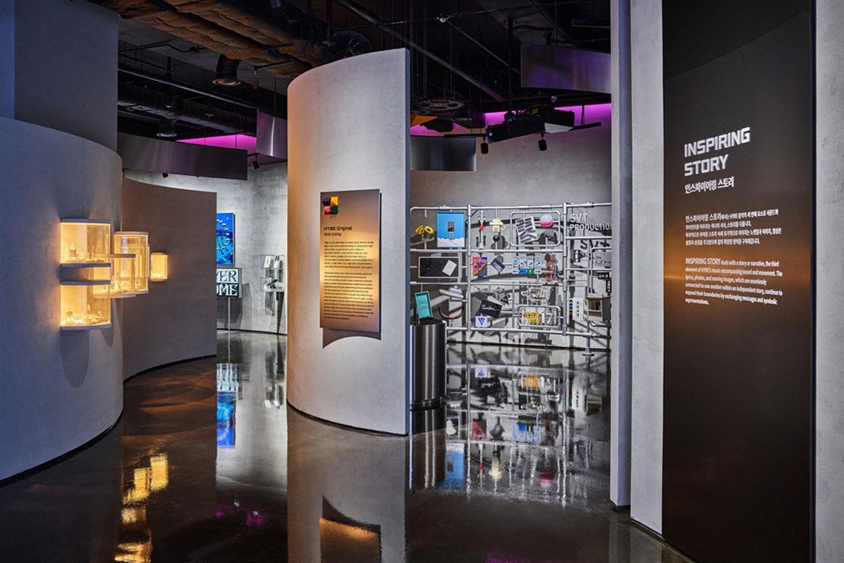 Entrance to exhibition area featuring collage of props