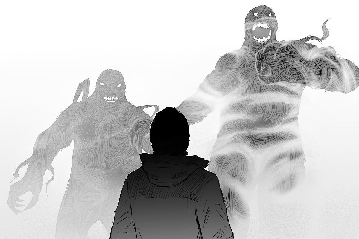Screenshot from webtoon series with main character and two demon-like characters