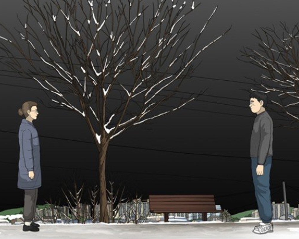Screenshot from webtoon series featuring two older characters facing each other
