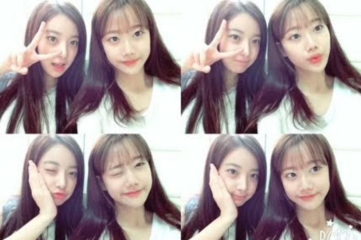 การถ่ายภาพสติ๊กเกอร์หรือภาพถ่ายที่สมาชิกวง APRIL ทำท่าทาง V-sign ในสตูดิโอ