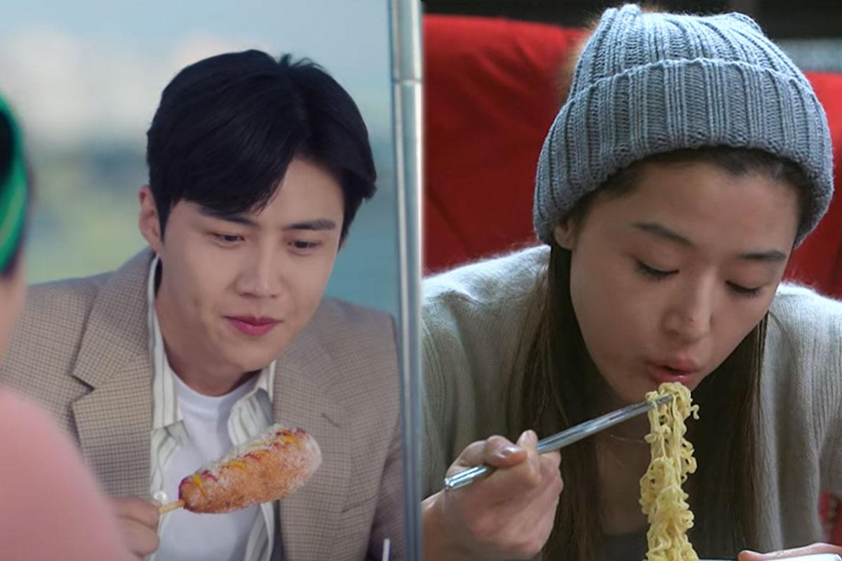 ตัวอย่างภาพของผู้คนที่กำลังบริโภคอาหารประเภทฟาสฟู้ดรวมถึงบะหมี่กึ่งสำเร็จรูปที่นิยมในเกาหลี