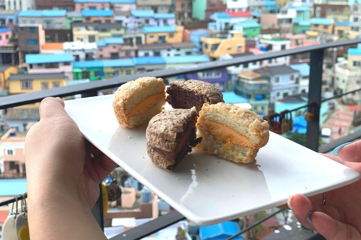 Dacquoise with Gamcheon backdrop
