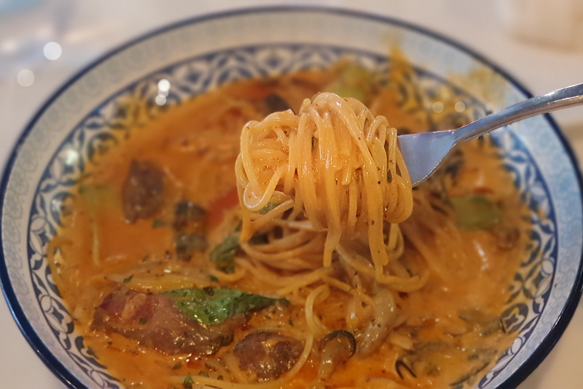 Close up shot of pasta dish ordered at restaurant in Seoul