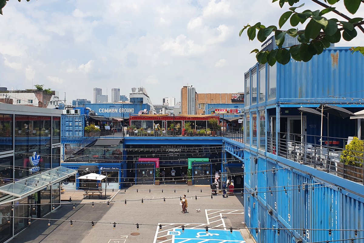 Aerial shot of courtyard area of shopping area in Seoul