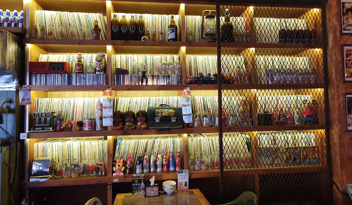 Display of records and trinkets at restaurant bar in Seoul