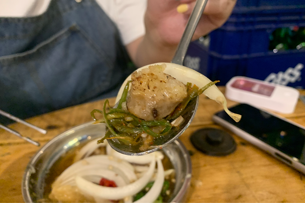 Spoonful of grilled tripe, onion, and sliced green onions