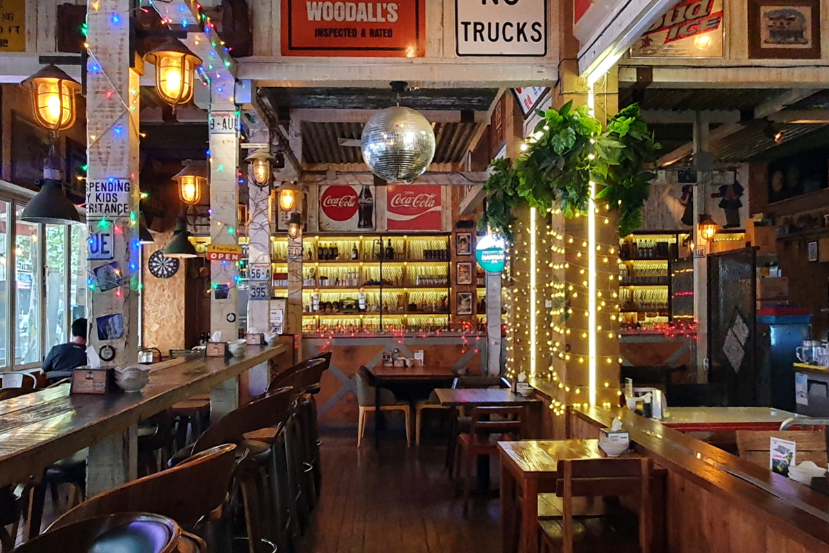 Another interior shot featuring display of vinyl record collection