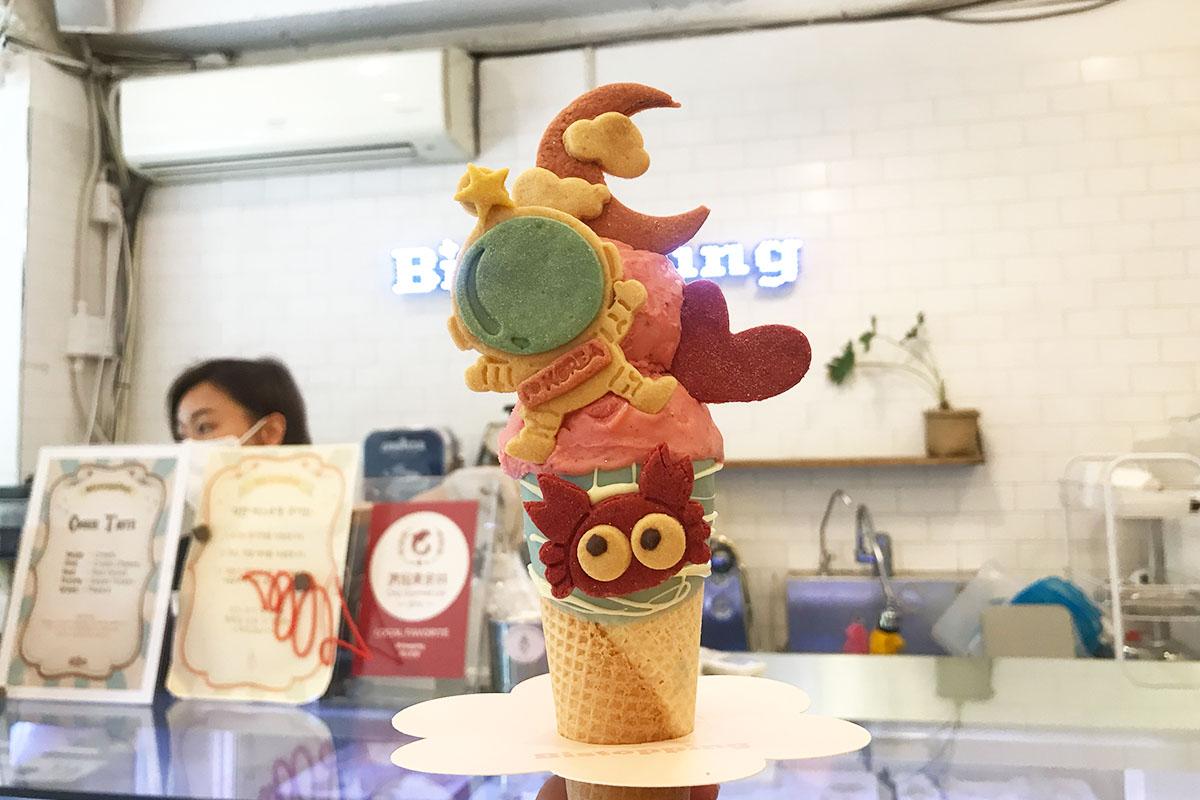 First ice cream cone order with astronaut and crab shaped cookies