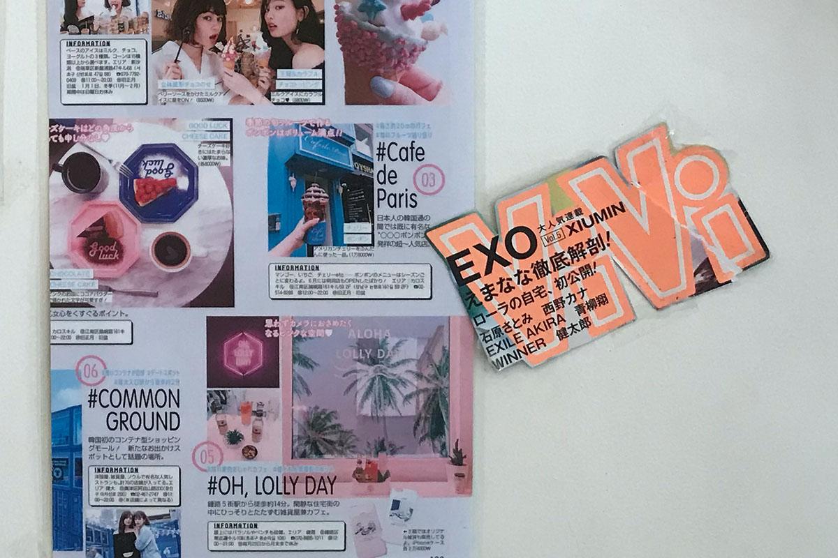 Close up shot of display of Japanese travel magazine reviews