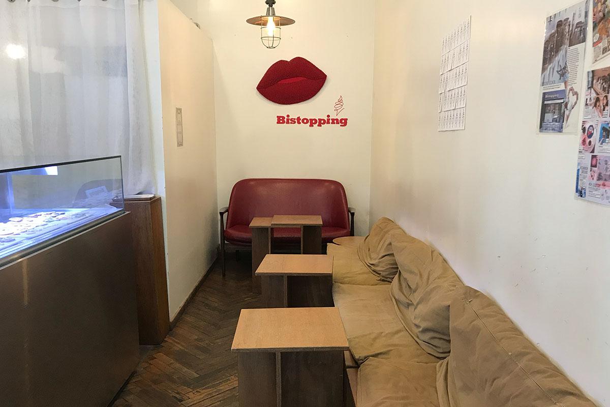 Indoor seating area of ice cream shop