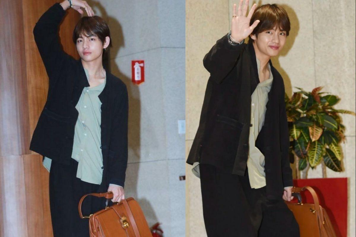 BTS V wearing Zijangsa modern hanbok at the airport