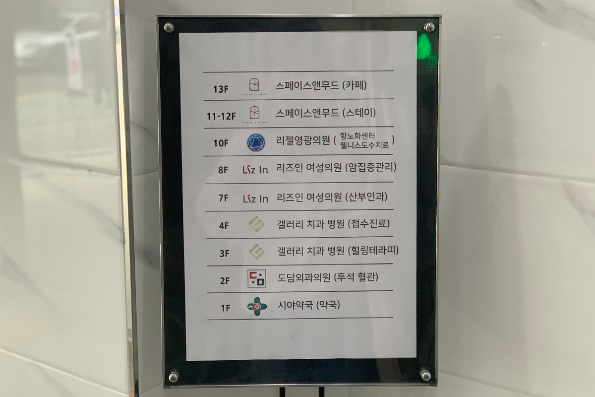 大樓導覽牌顯示各樓層位置，13樓標示為咖啡廳Space&Mood。