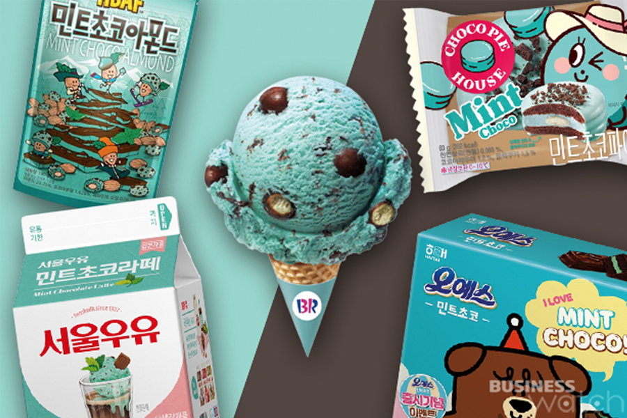 展示各種薄荷巧克力產品的圖片，包括冰淇淋、餅乾和健康飲料包裝，反映出這種風味在韓國的興起和受歡迎程度。