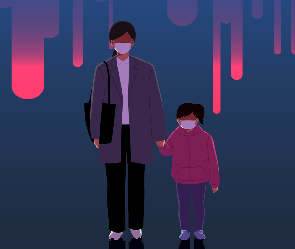 Mother and child wearing facial masks