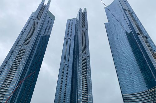 View of three tall buildings in Busan