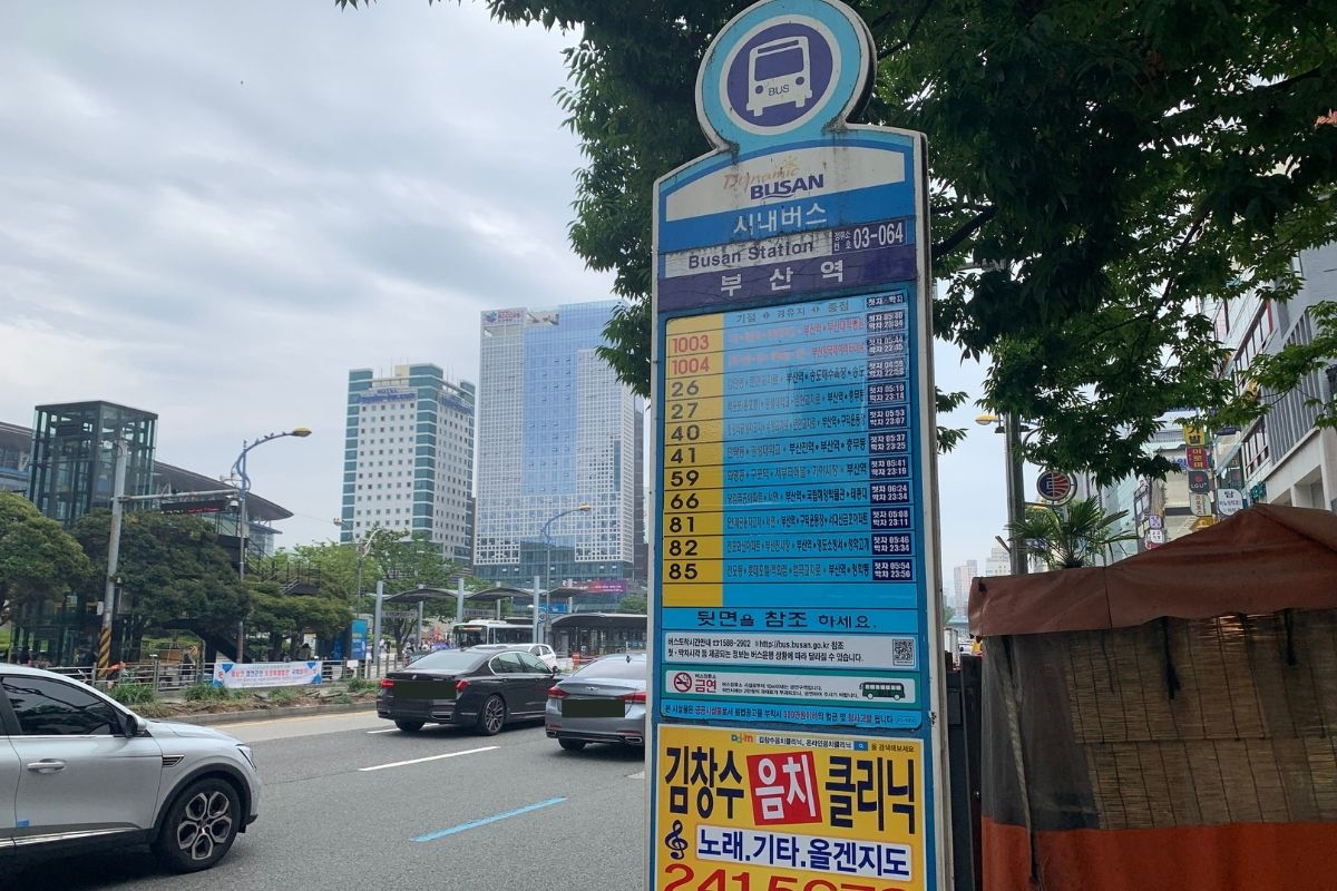Directions to Sonmokseoga, bus stop, street, cars, Busan, Korea