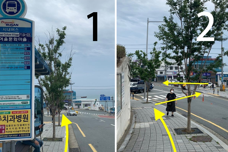 從釜山站前往白險灘文化村的步行路線指南，圖中顯示瞭如何從巴士站出發沿著道路步行達到目的地。