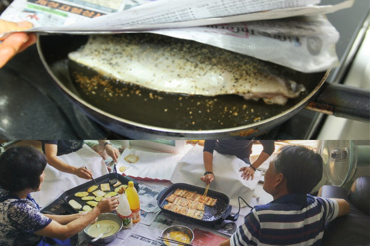 韓國人在煮油膩的食物時，使用報紙來避免濺油，也作為節省資源的一種方式。