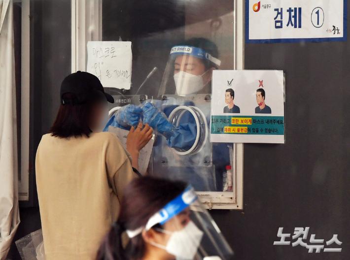 COVID-19検査場で検査を受ける人々。窓越しに防護具を着たスタッフが透明な壁の向こう側にいる。手袋が装備された窓が映っている。ポスターにはマスクの正しい着用方法が図示されている。