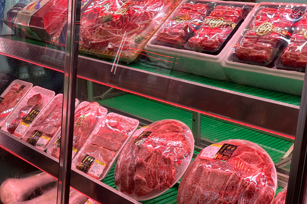 Beef products on display at butcher shop