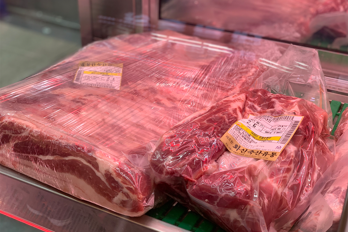 Close up shot of beef products at meat market in Seoul