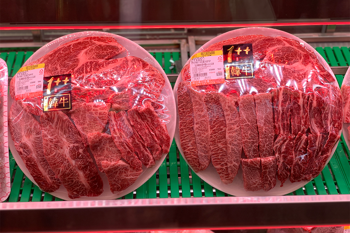 Close up shot of beef products on sale at meat market in Seoul