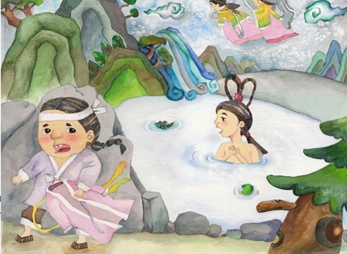 韓國古典民間故事中仙女與樵夫的場景插圖，展現故事的神話元素及典型的傳統韓國藝術風格。