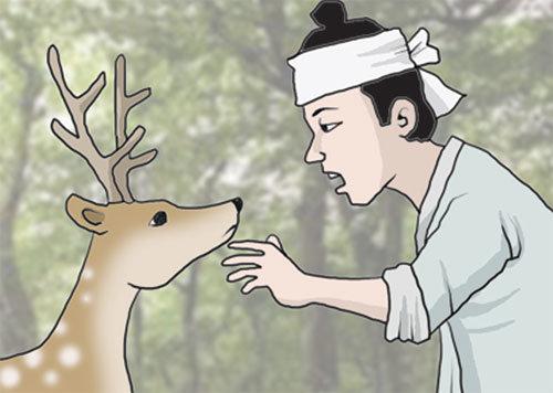 韓國湯果和仙女的傳統童話故事中重要場景插圖，描繪了故事中的神話角色以及自然背景，是仙女與樵夫故事的核心場景。