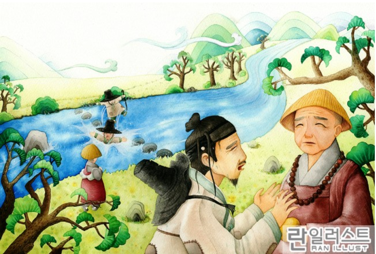 沈清傳中的重要場景插圖，圖中人物展現了韓國傳統服飾及該故事中的主要情節場面是以插畫形式呈現。