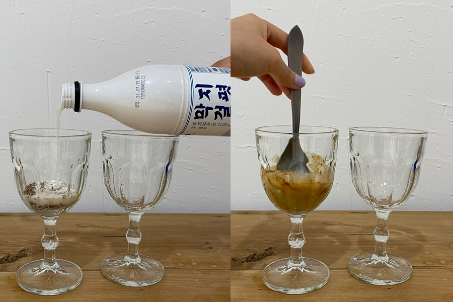 將馬格利倒入玻璃杯，混入奶油與冰塊，創造層次分明的馬格利咖啡酒。