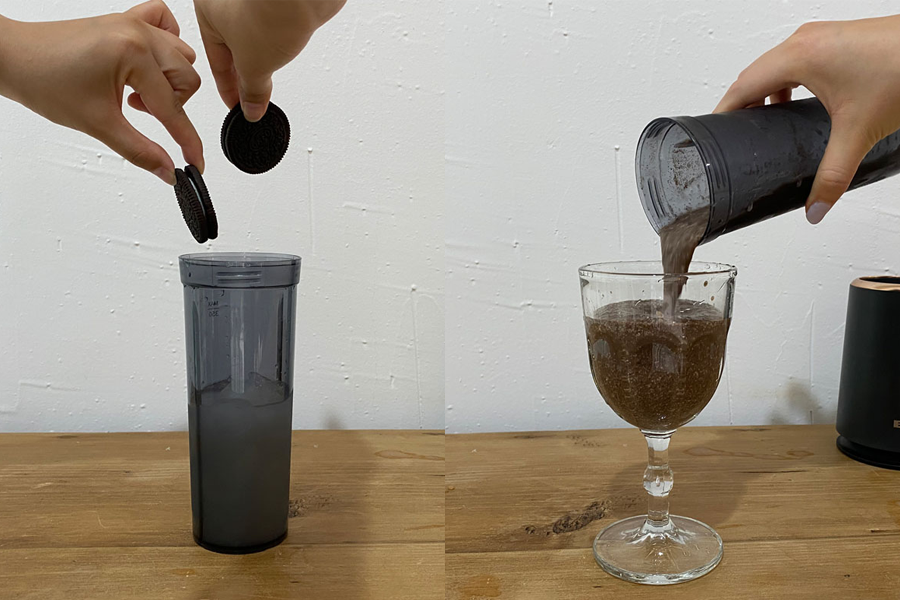 粉碎Oreo與冰塊，倒入韓國馬格利，為Oreo調酒打下基礎。