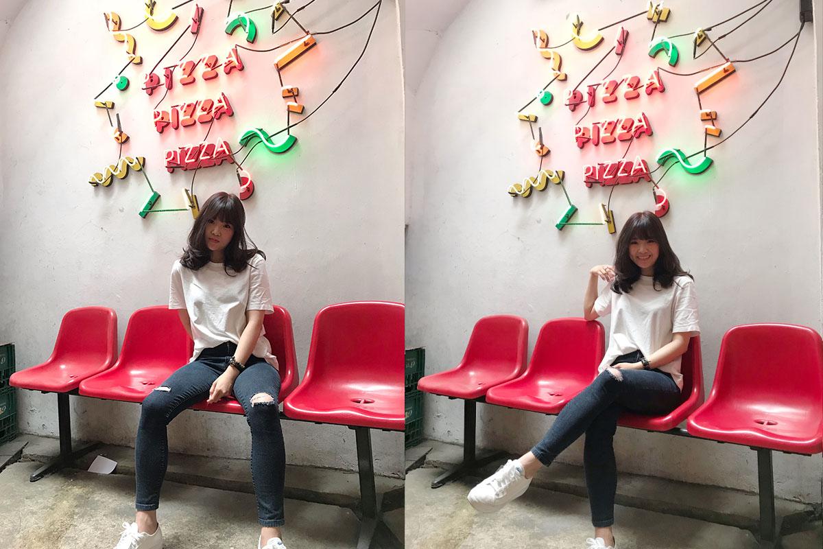 chụp ảnh ở khu vực ghế ngồi bên ngoài của quán Pizza Express ở Seoul, Hàn Quốc mà TXT Soobin đã đến check in.