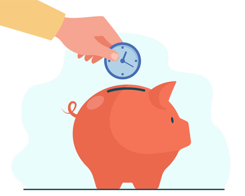 graphic image of a hand putting a clock into a piggy bank