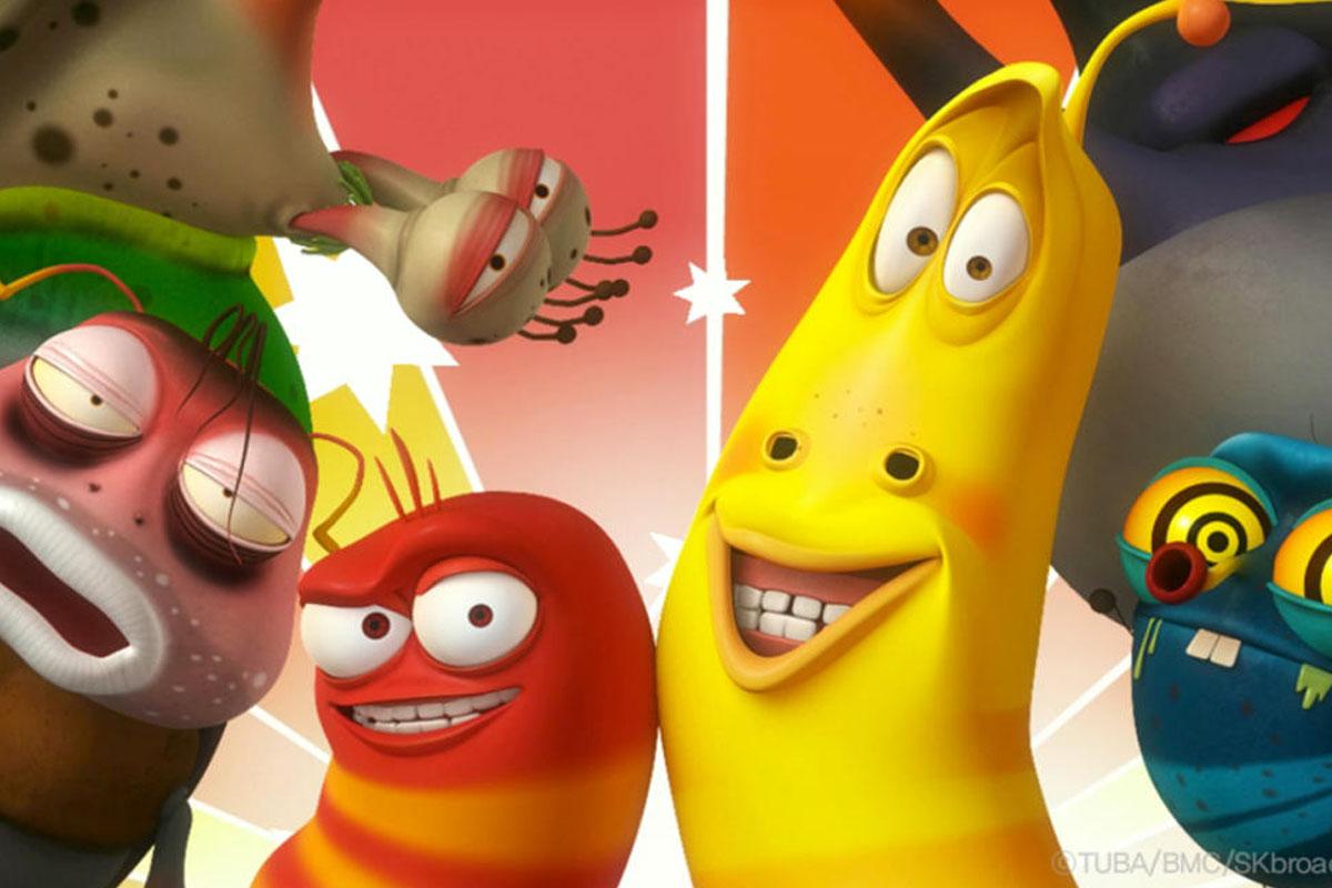 ภาพของตัวหนอนในการ์ตูนอนิเมชั่นเกาหลี Larva สามตัวละครหนอนและอีกหลายๆ ตัวในสีสันสดใสมีบุคลิกที่เฉพาะตัว