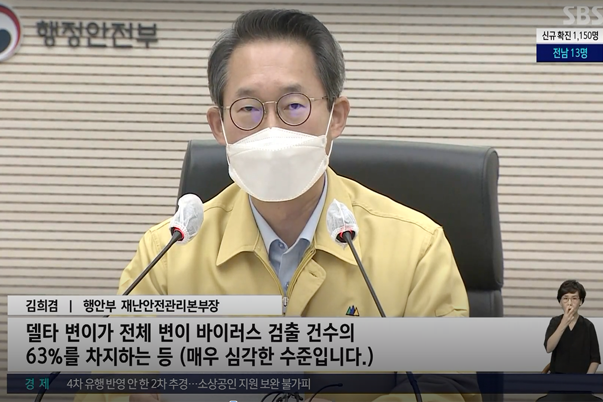 SBS新聞播報疫情情況，行政安全部官員討論疫情擴散及Delta變種病毒的影響。