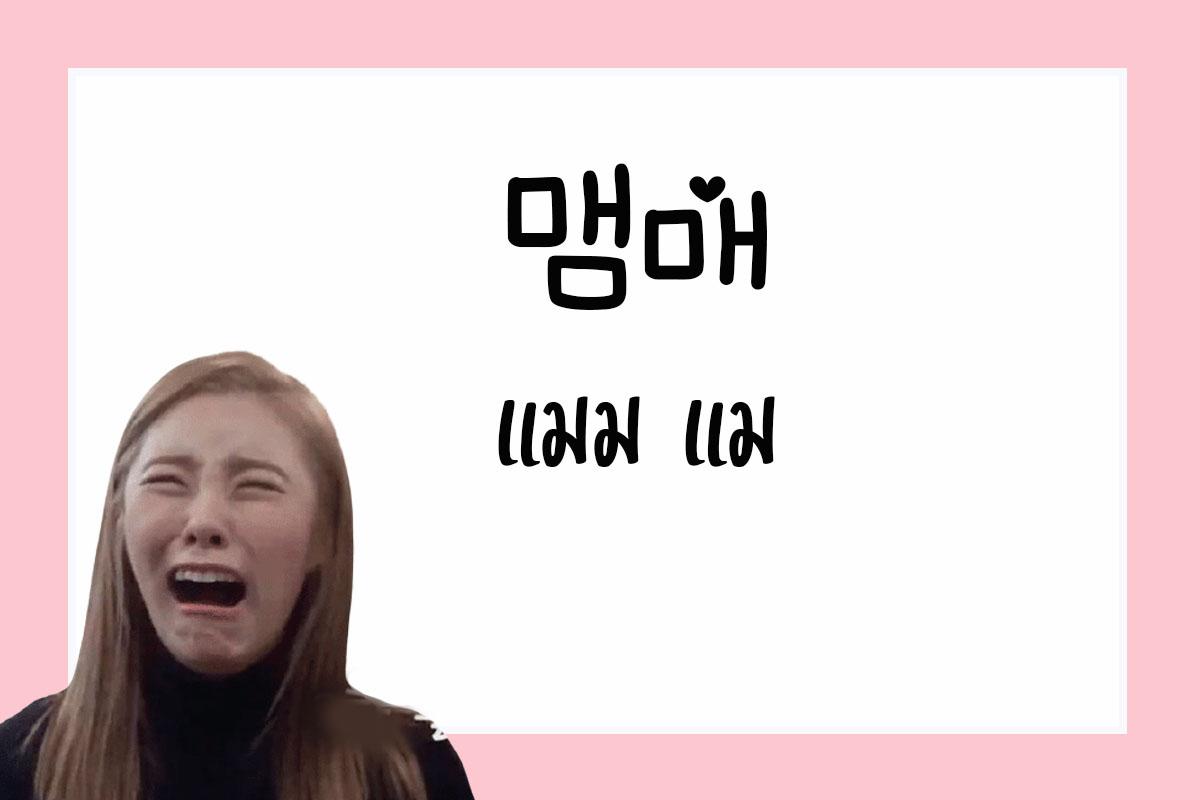 ภาพประกอบคำว่า 맴매 (แมมแม) ในภาษาเกาหลี ซึ่งหมายถึงการตีด้วยไม้เรียว มักใช้เป็นคำเตือนเด็กๆ ที่ทำตัวไม่ดี ข้อความด้านข้างแสดงคำว่า 'แมม แม' ในภาษาไทยเพื่อให้ผู้เรียนไทยเข้าใจคำศัพท์